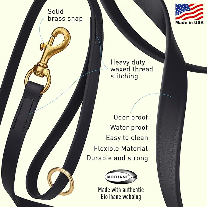 Viper Biothane K9 Working Dog Leash Waterproof Lead for Tracking Training Schutzhund Odor-Proof Long Line with Solid Brass Snap for Puppy Medium and Large Dogs 6ft, Black