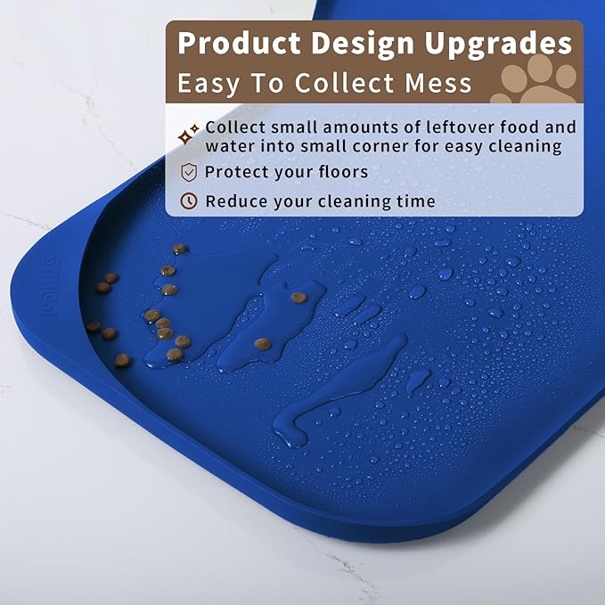 Silicone Pet Food Mat with Raised Edge for Food and Water Bowl, Dog Feeding Mats, Cat Food Trays for Floor Waterproof, Rubber Tray for Dogs and Cats, 22 x 14 x 0.8 Navy Blue