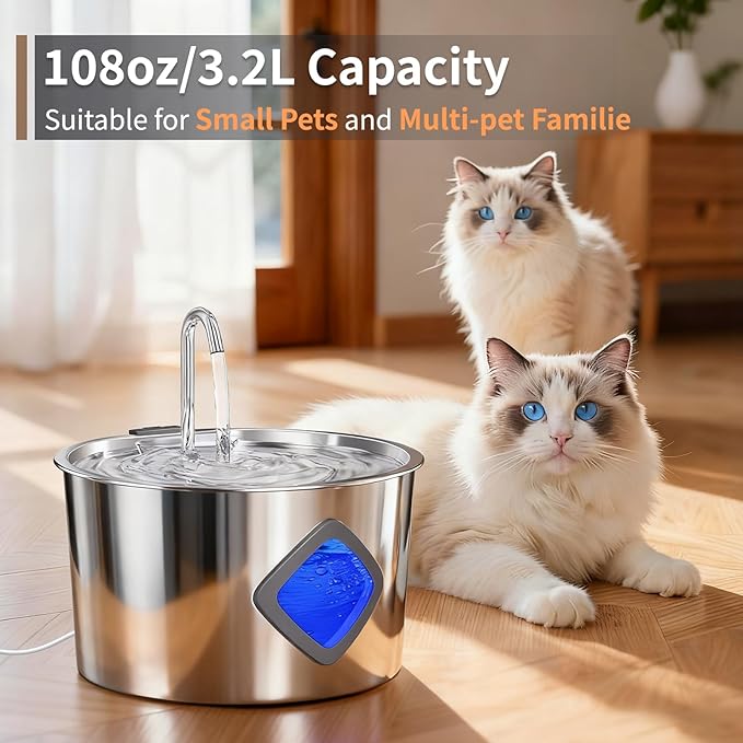 JIXZEN Cat Water Fountain Stainless Steel: 108oz/3.2L Automatic Pet Water Fountain for Cats Indoor- Quiet Cat Water Bowl Dispenser- Drinking Fountain for Small Dogs & Kitties-4 Filters + 4 Sponges