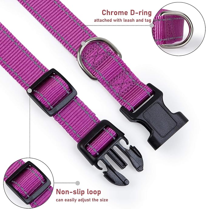 Reflective Dog Collar with Buckle Adjustable Safety Nylon Collars for Small Medium Large Dogs, Purple XXS