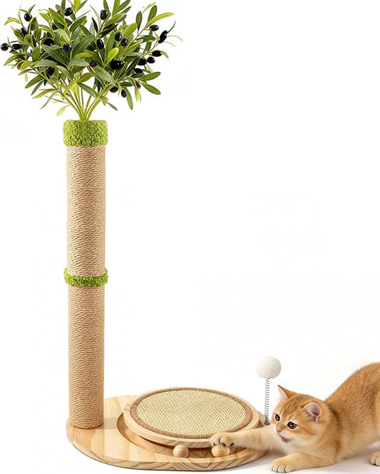 39" Tall Cat Scratching Post, Cute Olive Tree Cat Scratcher, Interactive Cat Toys with Ball Track & Spring Ball, Sturdy Cat Tree with Scratch Pad for Indoor Cats Adults and Kittens