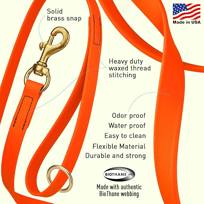 Viper Biothane K9 Working Dog Leash Waterproof Lead for Tracking Training Schutzhund Odor-Proof Long Line with Solid Brass Snap for Puppy Medium and Large Dogs 6ft, Hunter Orange