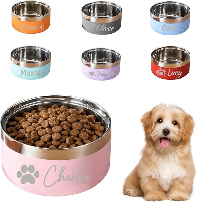 Personalized Dog Bowl with Name, Laser Engraved Stainless Steel Custom Dog Bowl, Durable Double Layer Anti-Slip Design Pet Water Bowl, for Pets