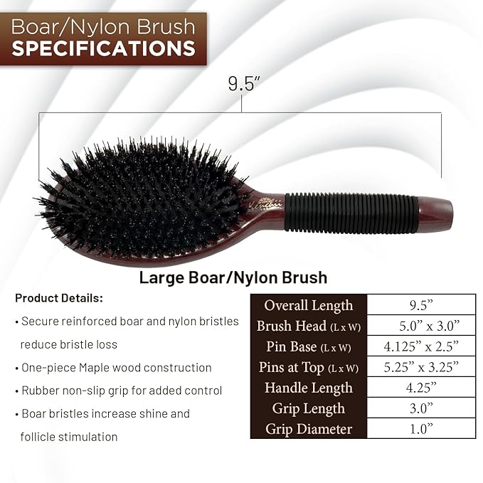 Kenchii Boar and Nylon Bristle Brush for Dog and Cat, Professional Grooming Brush with Maple Body, Lightweight, Non-Slip Rubber (Large)