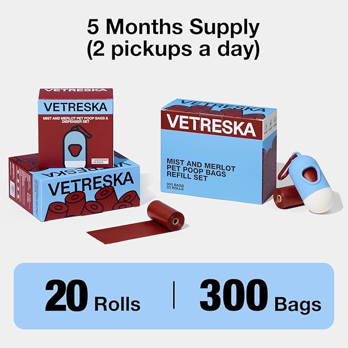 VETRESKA Dog Poop Bags, Leak Proof, Extra Thick and Large Pet Waste Bags for Dog Walking and Cat Litter, Rose & Amberwood Scented, 300 Bags