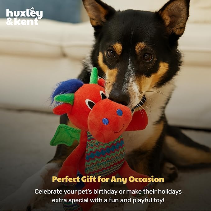 Huxley & Kent Funny Dog Toy w/Squeaker – Holiday Power Plush Squeaky Dog Toys for Small, Medium & Large Dogs – Soft Stuffed Animal for Indoor Play & Fetch - Fireball Dragon, Small