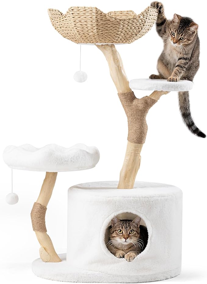 COSIEST 42.5" Tall Modern Cat Tree Tower for Indoor Cats, Cat Scratching Posts with Hand Woven Baskets, Balls & MGO Trunks, Rattan Cat Tree with Condo, Cat Furniture for Multi-Cat Households, White