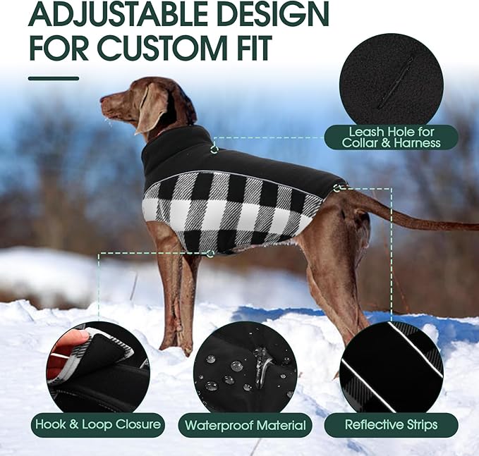 Kuoser Dog Winter Coat, Reversible Waterproof Dog Jacket with Reflective Strip, Warm Dogs Fleece Vest Adjustable Doggy Cold Weather Clothes Plaid Christmas Outfit Pet Apparel for Large Dogs, Black XL