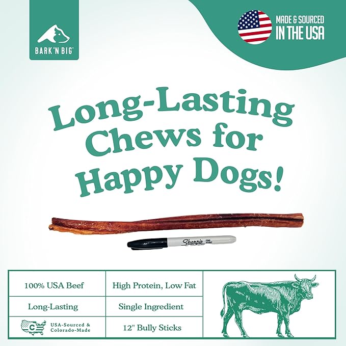 BARK'N BIG 12 Inch Odor Free Bully Sticks for Dogs Made in USA - Single Ingredient Dog Chew - Premium Pizzle Sticks - Beef Pizzles for Large Breeds - 8 Count