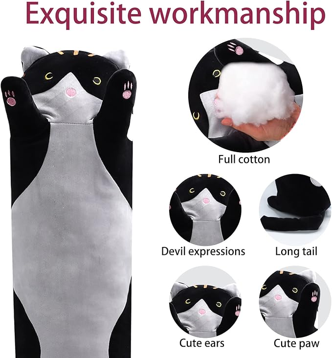 shangman Lovely Plush Cat Doll - Cute Cartoon Soft Stuffed Kitten Pillow, Long Throw Sleeping Pillow, Valentine’s Day Gift for Kids & Girlfriend (Black, 50cm/19.6in)