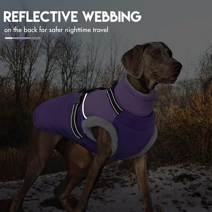 Dog Coat with Harness Built, Dog Winter Jacket with Zipper Closure, Warm Pet Fleece Puffer Coat with Reflective Strips & Furry Collar, Waterproof Snowsuit for Medium Large Dogs - Purple XL