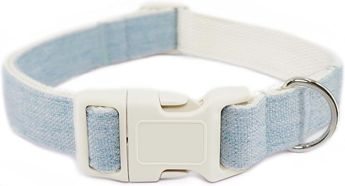 Cotton Hemp Dog Collar Adjustable, Light Blue Dog Collar Soft Natural Fabric with Quick Release, Cute Wedding Puppy Necklace for Small Medium Large Dog, Light Blue-L