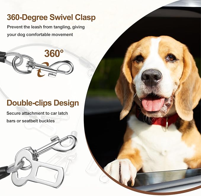 Chew Proof Dog Leash, 24 in Dog Seat Belt Harness with Double Clips Leash Extender Steel Braided Vehicle Tether, (Transparent, 2 Pcs), Intended for Pet Car Safety/Walking/Training