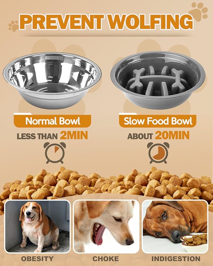 Elevated Dog Bowls, Dog Feeder with Stainless Steel Dishes & Slow Feeder Bowl, 5 Heights Adjustable Raised Stand for Medium Large, Food Dishes with Non-Slip Feet