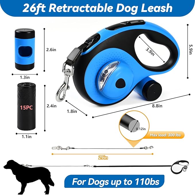 ODRIEW Heavy Duty Retractable Dog Leash for Large Dogs, 26ft Dog Leash with Poop Bag Holder, Up to 110lbs, chew Proof Cable, LED Light, 360° No-Tangle, One-Handed Pause & Locked. (Blue, L 26ft)