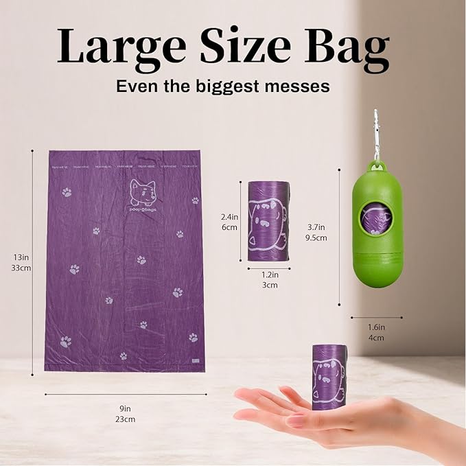 270 Count Dog Poop Bags Rolls with Dispenser & Leash Clip, 9″ x 13″ Scented Biodegradable Leak Proof Poop Bags for Dogs, Cats & Pet Waste, 18 Refill Rolls of 15, Purple