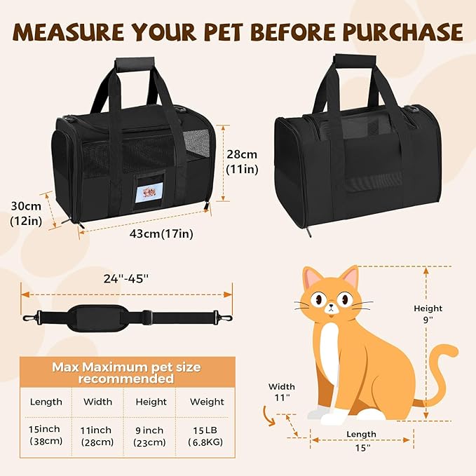 Cat Carrier Soft for Pets Up to 15 Lbs, Cat Travel Bag with Padded Shoulder Strap and Detachable Cat Food Bowl, Pet Dog Carriers for Small Dogs Travel Puppy Carry Airline Approved, Black