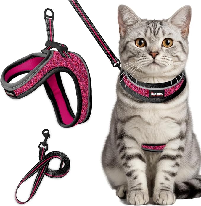 Cat Harness and Leash Set,Escape Proof Kitten Harness,Step in Adjustable Soft Lightweight,Easy Control,Reflective Strips Comfortable for Walking Travel(Pink/Black,S)