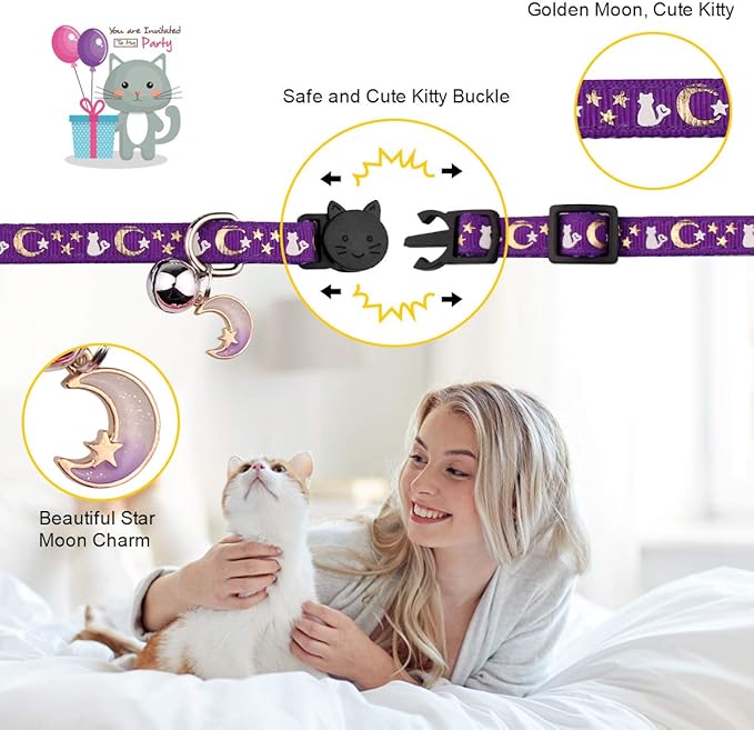 4PCS Cat Collar with Bells,Breakaway Cat Collars,Kitten Collar with Bell Moons Stars Cute Kitty Safe with Pendant,Cat Collars for Girl Cats 6.9-10.7 Inch(Black&Purple&Pink&Teal)