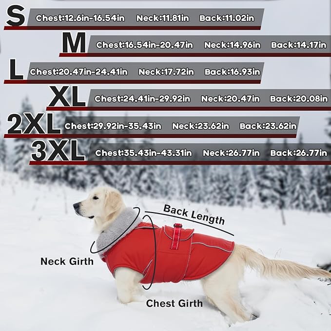 Lelepet Warm Dog Coat Waterproof Dog Jacket Reflective Fleece Vest with Adjustable Buckle Hook & Loop, Windproof Winter Jacket Dogs Coats for Small Medium Large Dogs, Red, XXXL