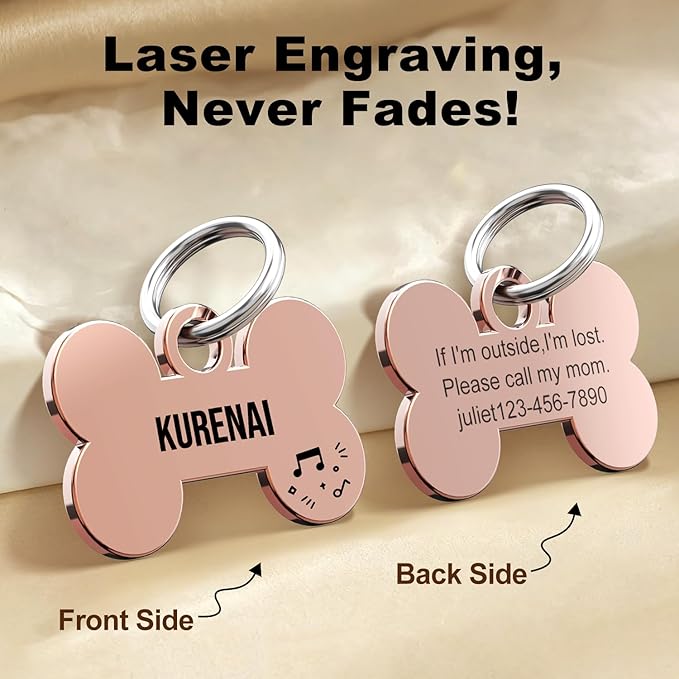 Custom Pet ID Tag - Laser Engraved Both Sides, Polished Stainless Steel, Smooth-Edged Bone Shape.