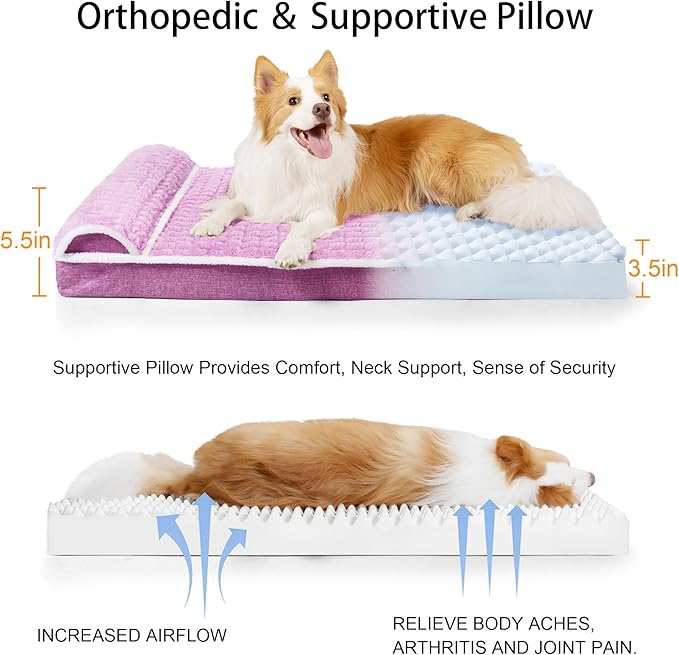 Orthopedic XL Dog Bed Large Sized Dog with Pillow 42''X28'', Waterproof Soft Comfortable Egg Crate Foam Pet Crate Beds Mat with Removable Washable Cover and Non-Slip Bottom, Lilac
