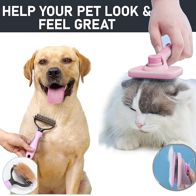 2PCS pet hair removal comb & Dog Brushes & cat brushes & Pet Grooming Rake & Bath Brush for Dogs,Cats and Horses | Skin Friendly Deshedding Grooming Tool & Double-Sided Dematting Tool (pink)
