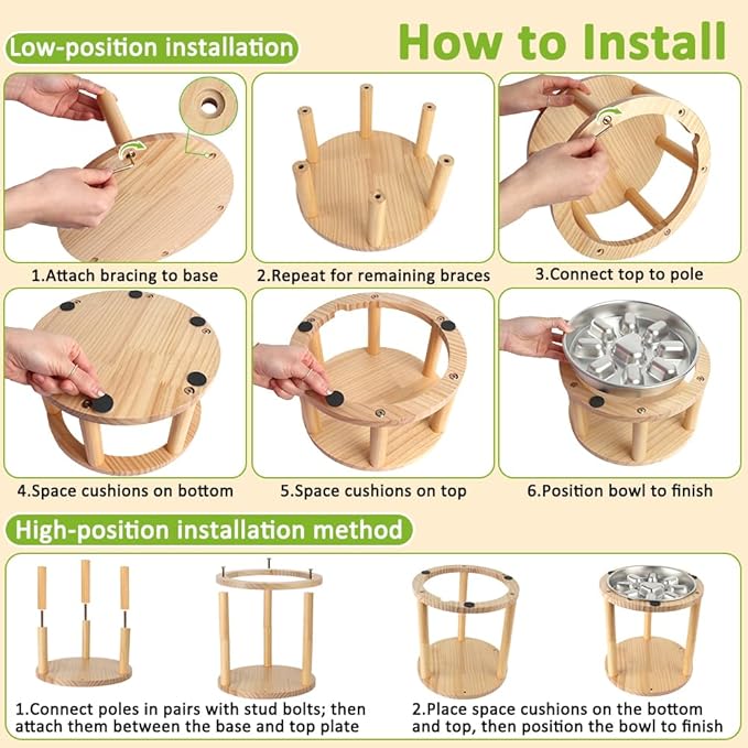 Vivifying Elevated Dog Bowl, Height-Adjustable Pine Wood Stand with Stainless Steel Slow Feeder Bowl, Available in Two Heights 5.9" & 10.6", Fits Small, Medium & Large Dogs