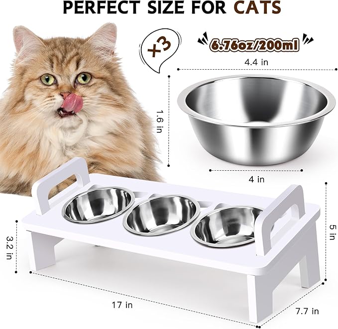 Elevated Cat Food Bowl, 3 Stainless Steel Raised Cat Bowls with Stand, 15°Tilted Cats Bowl for Small Dog, Cats Food and Water Bowl Set, Anti Vomitting, Whisker Fatigue and Dishwasher Safe (White)