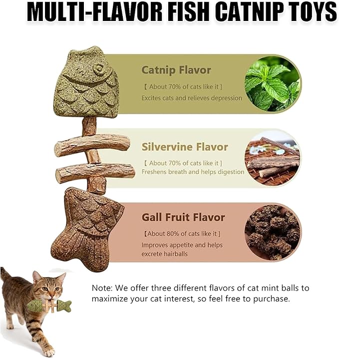 Purrident Natural Dental Chew Toy for Cats - Fishbone Shape with Catnip & Silvervine, Teeth Cleaning Stick for Interactive Play & Kitten Health Comes with 3 Cat Teething Sticks (D*3Pcs)