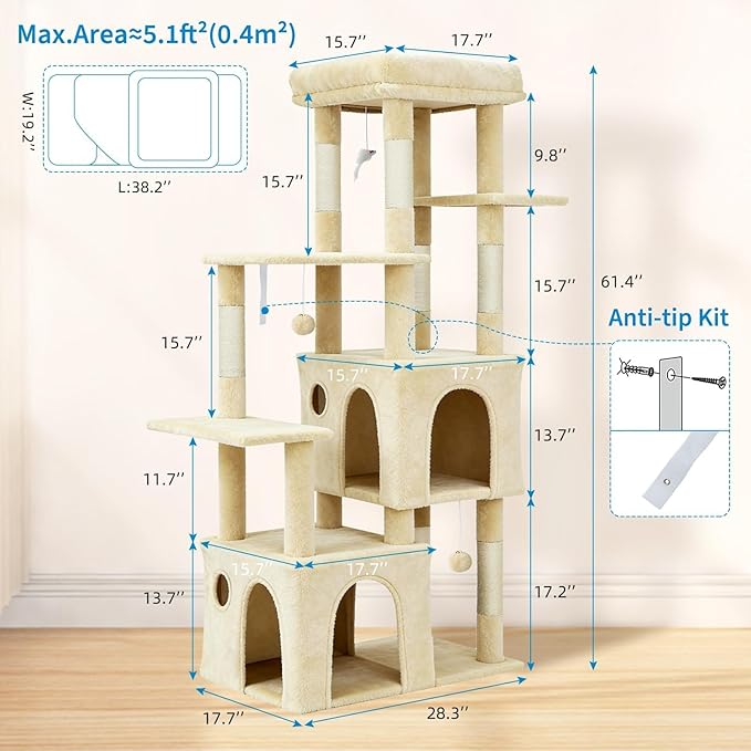 Cat Tree - 157cm Tall, Sisal Wrapped Scratching Post, Cat Nest, Hanging Ball, Extended Platform