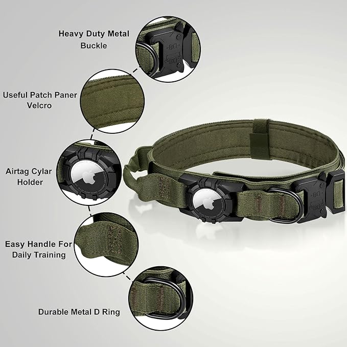 Tactical AirTag Dog Collar Leash Set - Heavy Duty, Adjustable GPS Collar Compatible with Apple AirTag, with Holder & Control Handle for Medium/Large Dogs [Green, XL]