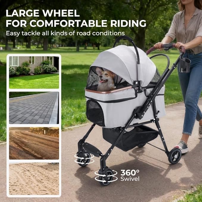 4-Wheel Foldable Pet Stroller for Small Dogs & Cats 360° Rotating Wheels, Separable Carrier & Travel Bag Safety Brake & Suspension System