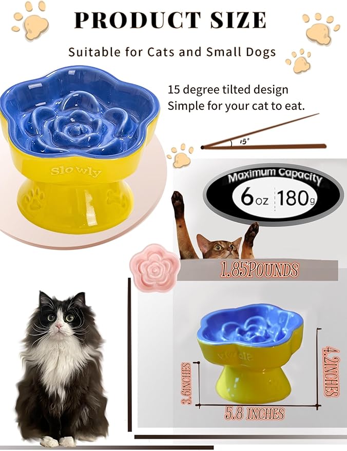 Ceramic Raised Slow Feeder Cat Bowl, Elevated Tilted Anti-Vomiting Pet Bowl for Cats & Small Dogs - Cute Flower Design, Non-Slip Base, Shallow Wide Dish for Dry/Wet Food (Blue, 5.8 Inch)