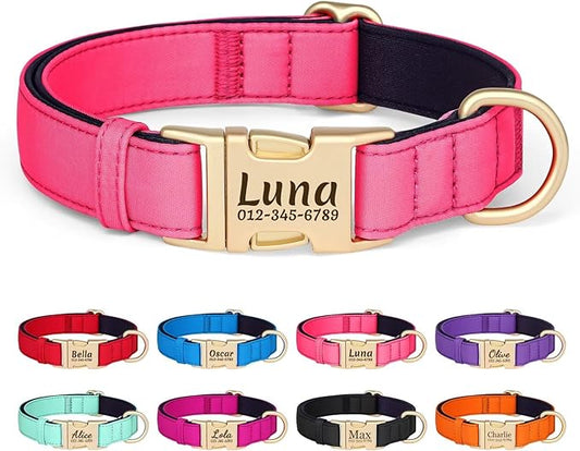 PET ARTIST Personalized Dog Collars, Colorful Pink Custom Dog Collar with Silent Engraved ID Tag, Lightweight Breathable Nylon & Soft Padded, Matching Leash & Poop Bag for Large Dogs,L Fit 15-23"