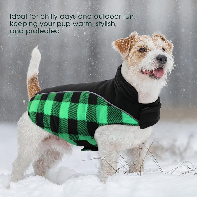 Kuoser Dog Winter Coat, Reversible Waterproof Dog Jacket with Reflective Strip, Warm Dogs Fleece Vest Adjustable Doggy Cold Weather Clothes Plaid Christmas Outfit Pet Apparel for Small Dogs, Green S