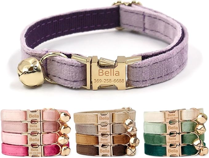 Colorful Velvet Custom Cat Collar, Personalized Cat Collar with Name, Engraved Collar for Small Large Cat Kitten with Bell (Purple,S)