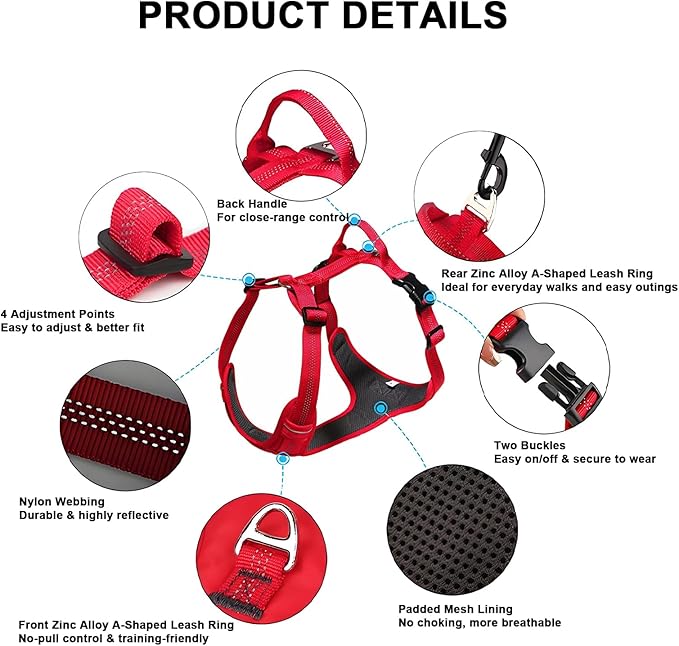 No Pull Dog Harness for Medium Dogs, Adjustable, Reflective Breathable Padded Vest with 2 Metal Leash Clips and Handle for Control or Car Seatbelt Use, Red, M