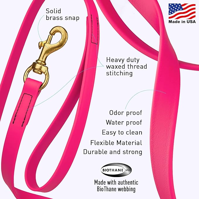 Viper Biothane K9 Working Dog Leash Waterproof Lead for Tracking Training Schutzhund Odor-Proof Long Line with Solid Brass Snap for Puppy Medium and Large Dogs, 10ft Passionfruit Pink