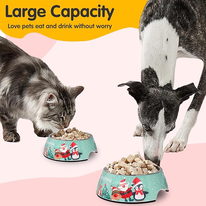 Christmas Xmas Pet Dog 2 in 1 Food Water Bowls - Non Slip Skid Proof Heavy Duty Pet Cats Dog Food Water Bowls for Feeding Large Dogs - Green Christmas-L