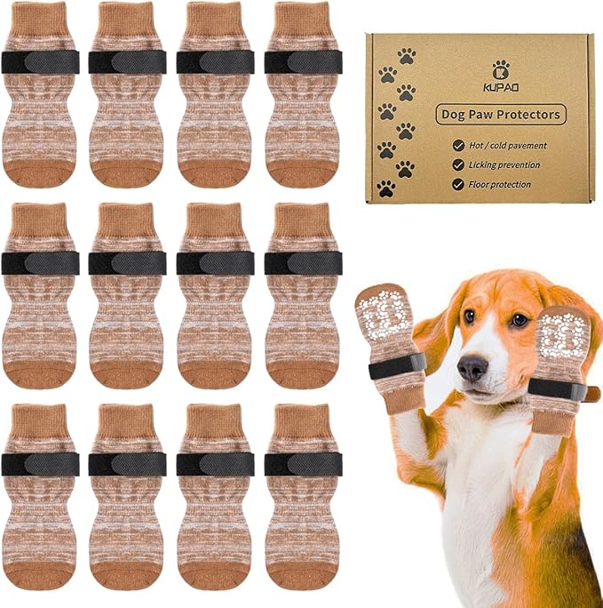 KUPAO Dog Socks 12 Pack to Prevent Licking Paws, Anti Slip Dog Booties and Paw Protectors for Hardwood Floors Hot Pavement, Suitable for Small Medium Large Senior Dogs - Size Small,Brown