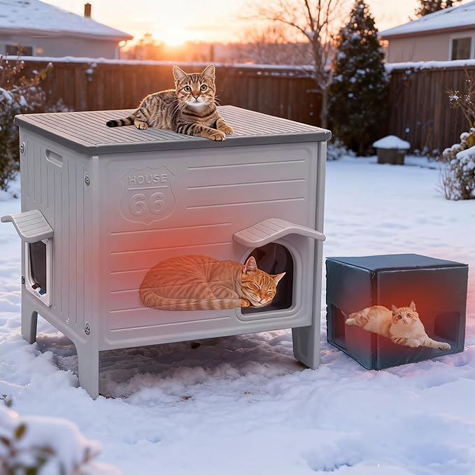 Rockever 100% Insulated Outdoor Cat House with Insulated Liner for Winter, Waterproof Feral Cat House for Outdoor Cats, Plastic Cat House for Outdoor Use with Escape Door, Clean Easily(L,Grey&Liner)