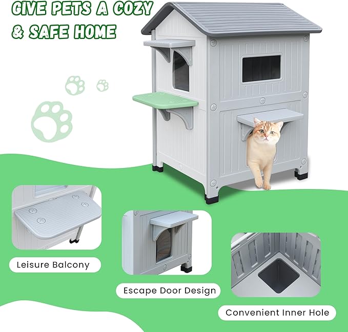 Insulated Outdoor Cat Houses - Waterproof 2 Story Cat House for Outside with Escape Door for Winter，Elevated Outdoor Cat House for Feral Stray Barn Cat Kitty