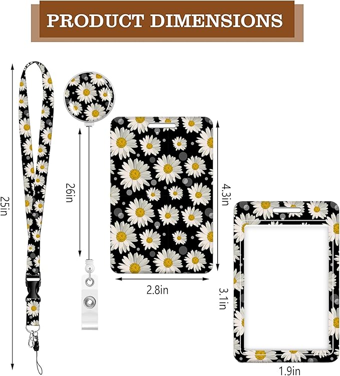 BLOCIT Lanyards for ID Badges and Keys, Funny Badge Reel Retractable with Clip,ID Badge Holder with Breakaway Lanyard, Teacher Nurse Office Gifts（Sunflower White Daisy）