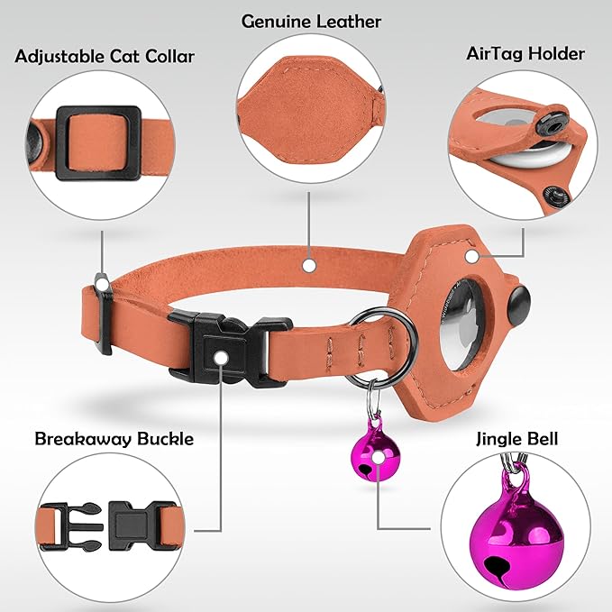 Breakaway Airtag Cat Collar with Removable Bell - Leather Pet Collar with Apple Air Tag Holder - Adjustable GPS Collars for Girl Boy Cats Kitten Puppy - Lightweight, Cute and Comfortable (Peach)