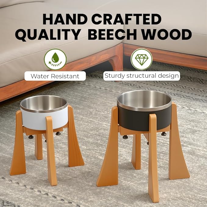 Beech Dog Bowl Stand for Medium Large Dogs,Elevated Feeder Large Breeds,Raised Bowl Stand，Adjustable Width for Different Bowls,Feeding Station with Non-Slip Feet (12-inch High with Bowl)