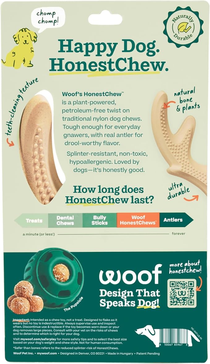 WOOF HonestChew Dog Toy Antler - Durable Dog Chews - Made with Natural, Plant-Based Ingredients - Splinter-Resistant - Great for German Shepherds and Pit Bulls - Large