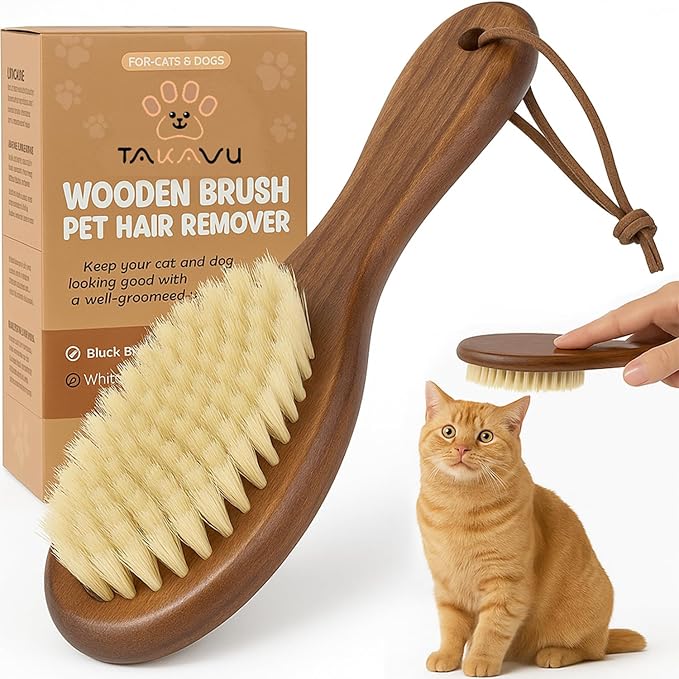 TAKAVU Natural White Boar Bristle Cat Brush - Gentle Grooming Tool for Sensitive Skin, Smoothing Fur & Healthy Shine - Soft Pet Brush