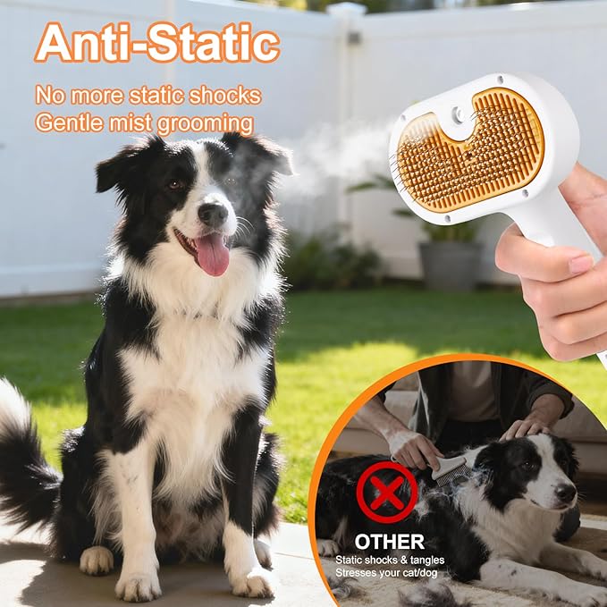 Pet Steam Brush Dog Cat 2025 New Grooming Comb for Shedding, Floating Hair, Smooth & Detangling, Gentle Cool Mist Softens Hair Reduces Static Helps Pets Who Dislike Bathing,Includes Waterless Shampoo