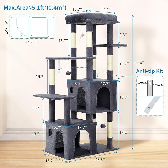 Cat Tree - 157cm Tall, Sisal Wrapped Scratching Post, Cat Nest, Hanging Ball, Extended Platform